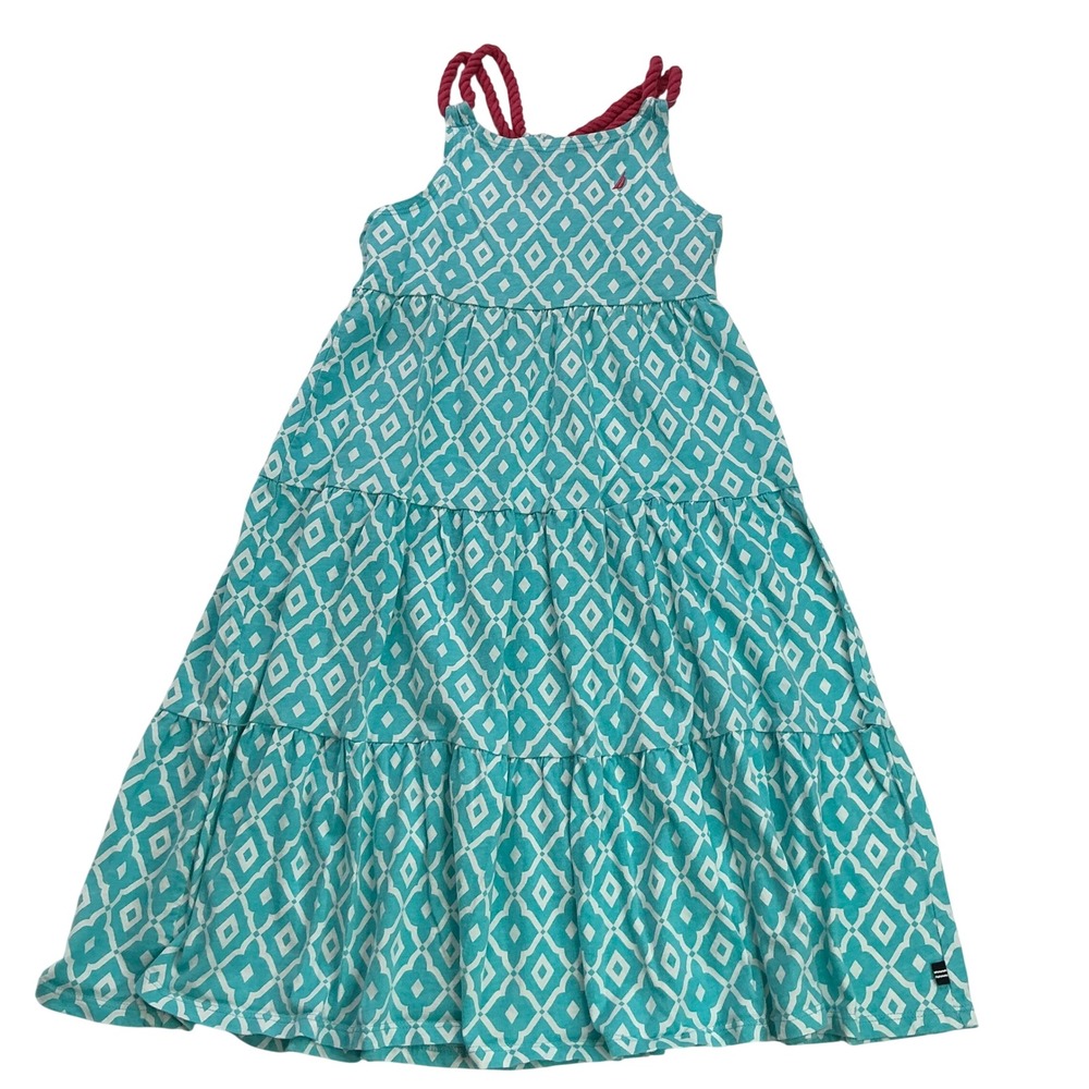 Nautica Teal Geometric Tiered Maxi Dress Kids Size 6X Pink Rope Straps